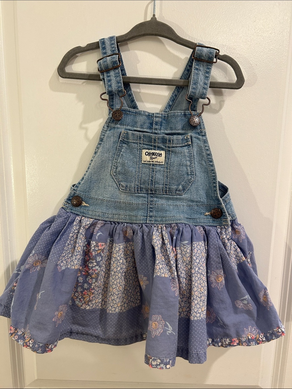 OshKosh B'gosh Denim Overall Dress with Blue Lavender Patchwork Skirt